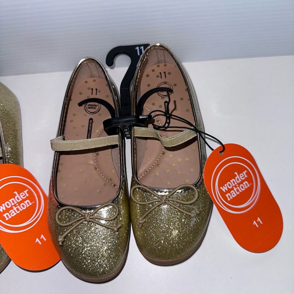 Lot of 2 NWT New Girls Wonder Nation Shoes, Size 11, Gold Dress Shoes Twins - Picture 5 of 7